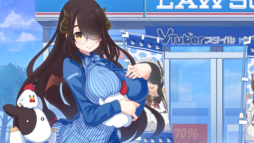 1girl, alternate_costume, animal_on_head, bird, bird_on_head, black_hair, blue_stripes, center_frills, chicken, commentary, convenience_store, cow, demon_girl, demon_horns, demon_wings, employee_uniform, freckles, frilled_shirt, frills, glasses, hair_over_one_eye, highres, horns, indie_virtual_youtuber, itou_life_(vtuber), lawson, lips, long_hair, looking_at_viewer, on_head, outdoors, sakuratsuki_(sakuradukiyoru), shirt, shop, smile, striped, striped_shirt, tree, uniform, virtual_youtuber, wings
