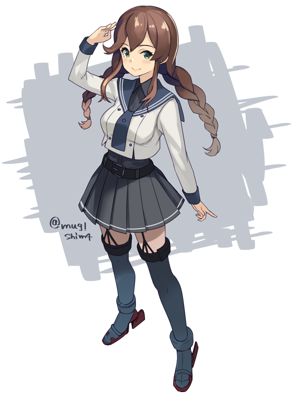 1girl, bangs, black_sailor_collar, black_shirt, black_skirt, blue_eyes, braid, brown_hair