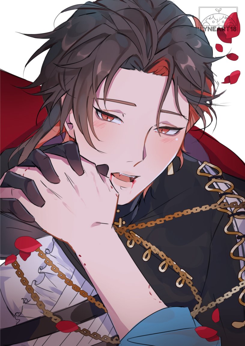 1boy, colored_inner_hair, ear_piercing, eiden_(nu_carnival), gloves, looking_at_viewer, lyneart18, male_focus, multicolored_hair, nu_carnival, piercing, red_eyes, short_hair, slit_pupils, yakumo_(nu_carnival)