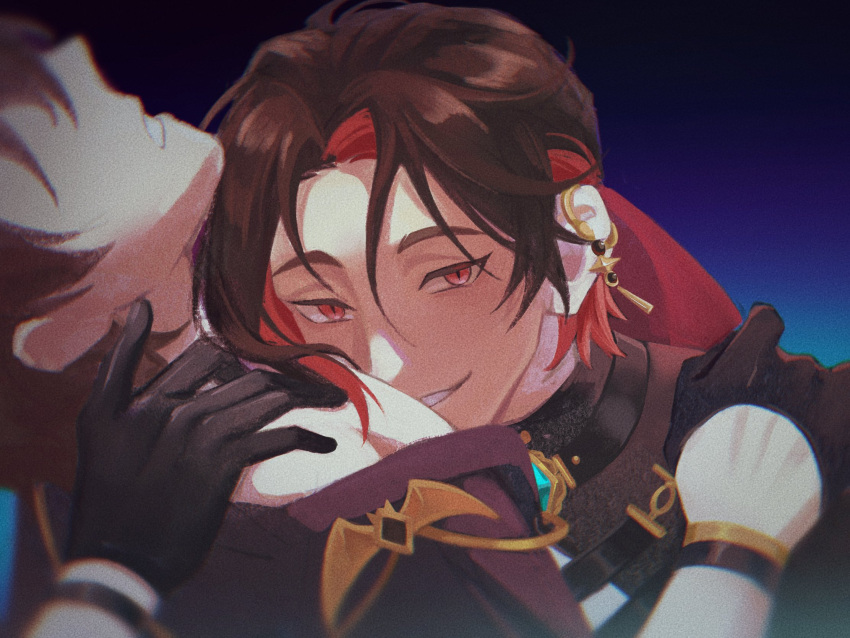 2boys, bishounen, colored_inner_hair, ear_piercing, eiden_(nu_carnival), gloves, highres, looking_at_viewer, male_focus, multicolored_hair, multiple_boys, nu_carnival, piercing, red_eyes, redhead, short_hair, slit_pupils, solo, yakumo_(nu_carnival), yejiu19