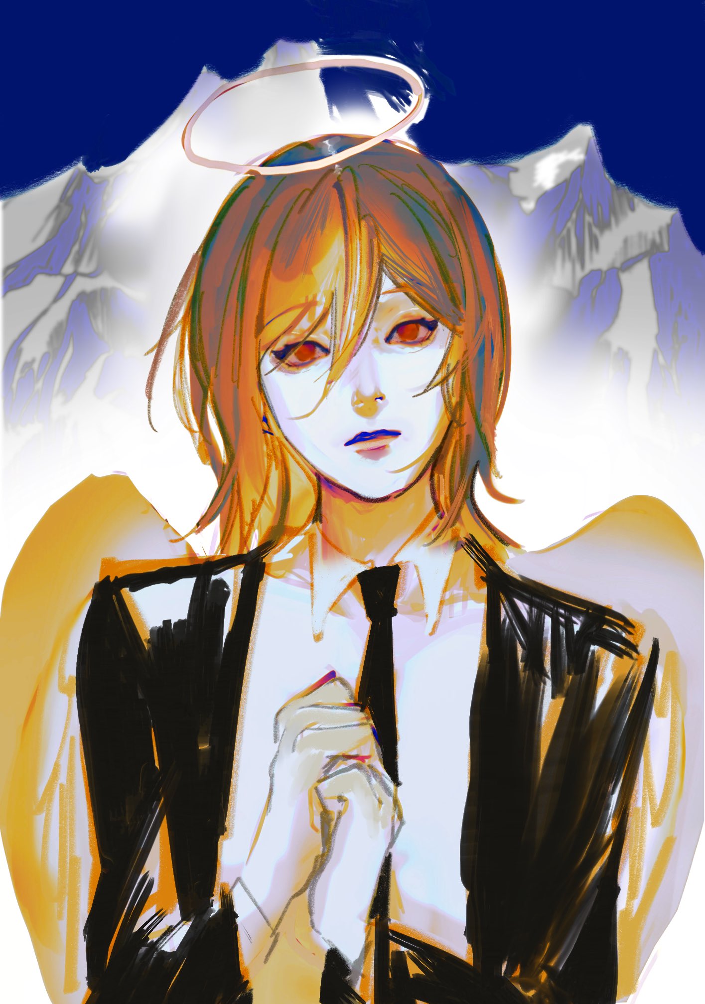 02_ihate99, 1boy, angel_devil_(chainsaw_man), angel_wings, bangs, black_necktie, blue_background, chainsaw_man
