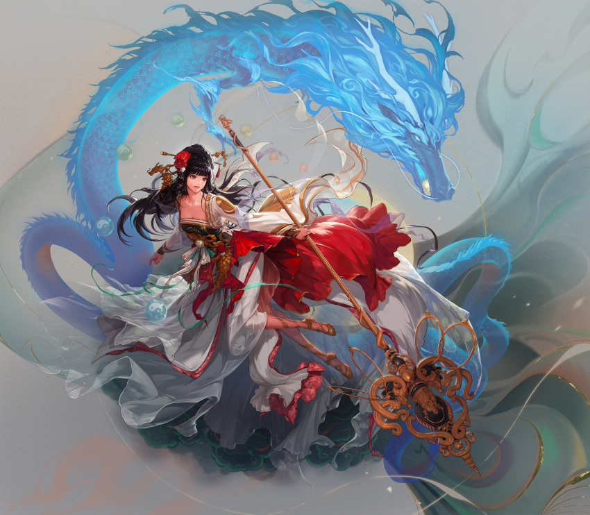 1girl, absurdres, black_hair, dragon, dungeon_and_fighter, female_priest_(dungeon_and_fighter), flower, full_body