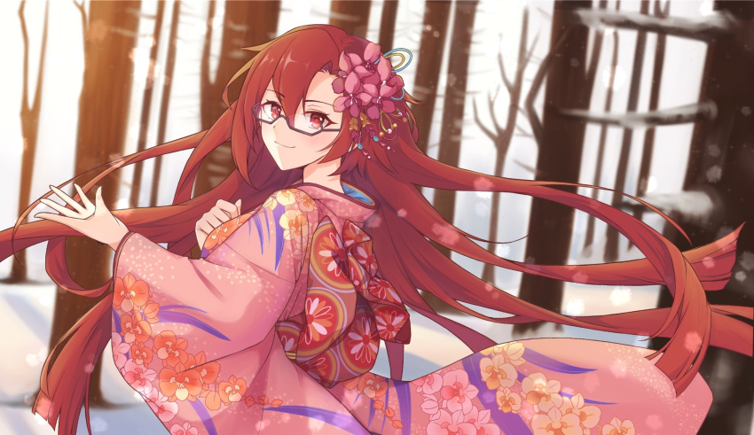 1girl, altheavin, floating_hair, floral_print, flower, glasses, hair_flower, hair_ornament