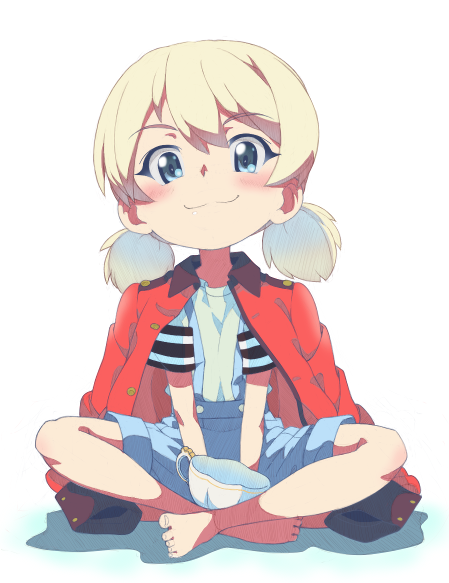 1girl, :3, aged_down, barefoot, blonde_hair, blue_eyes, coat, coat_on_shoulders