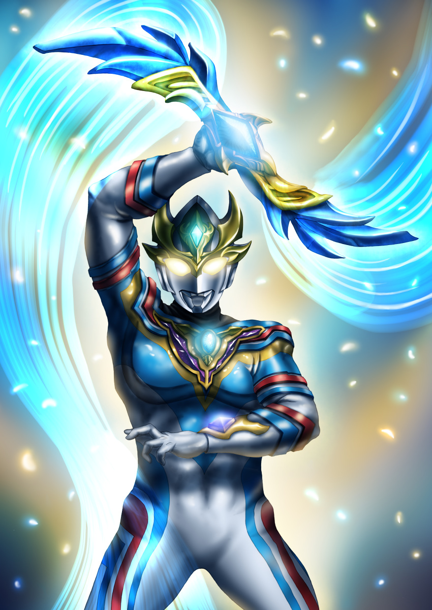 1boy, absurdres, alien, color_timer, commentary, crystal, double-blade, dynamic_type