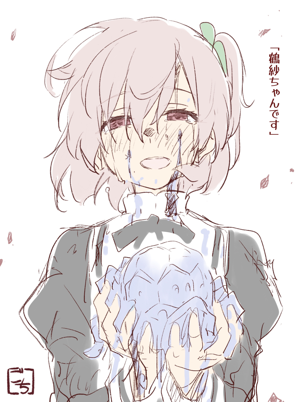 1girl, artist_name, assault_lily, bangs, black_ribbon, blush, clover_hair_ornament, commentary