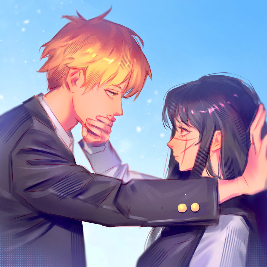 1boy, 1girl, bangs, black_hair, blonde_hair, blue_background, chainsaw_man, cross_scar