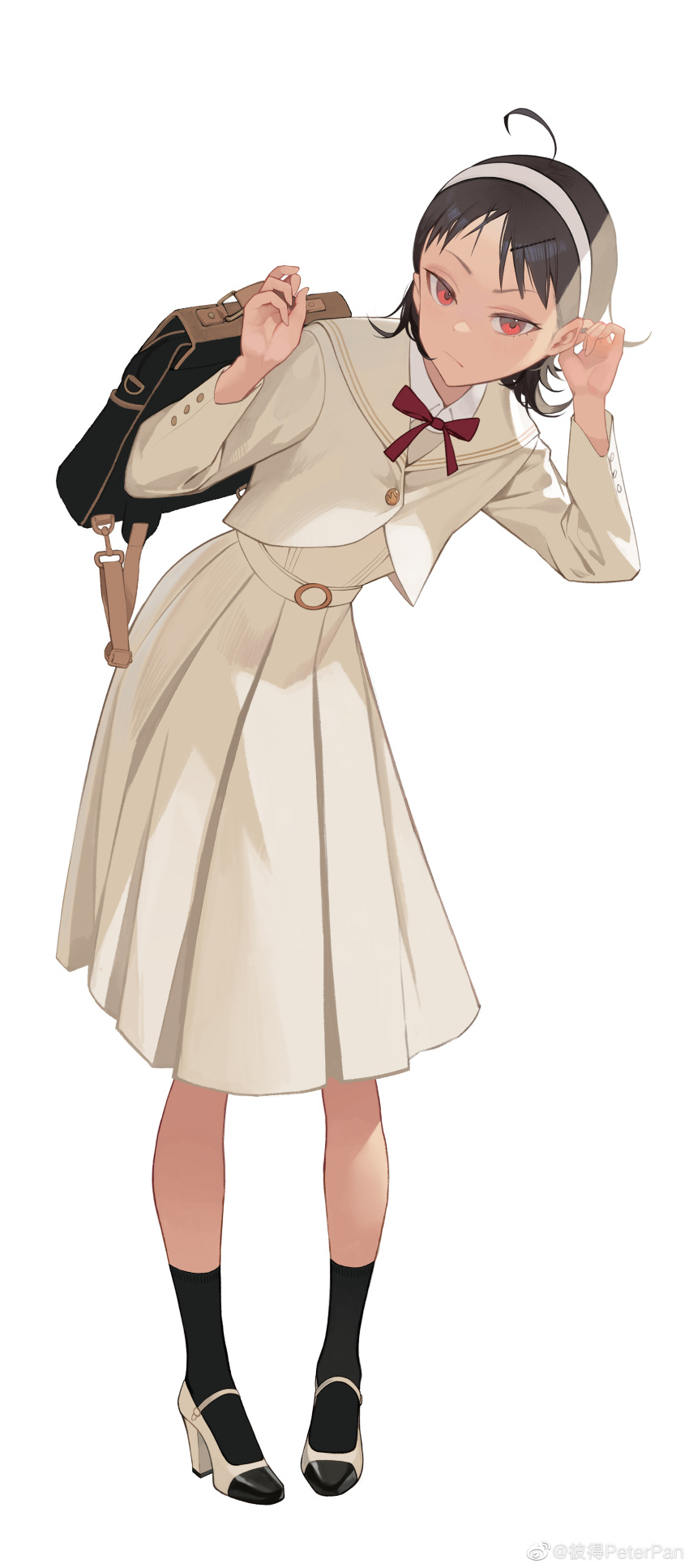 1girl, :/, absurdres, ahoge, bag, black_hair, black_socks, collared_shirt