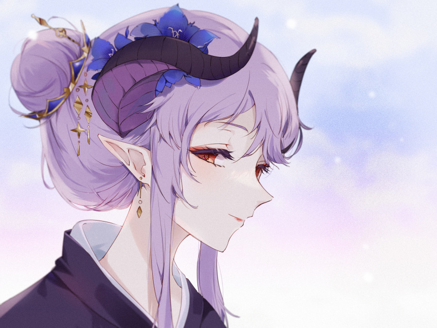 1girl, alternate_hairstyle, black_kimono, close-up, dragon_girl, dragon_horns, earrings, flower
