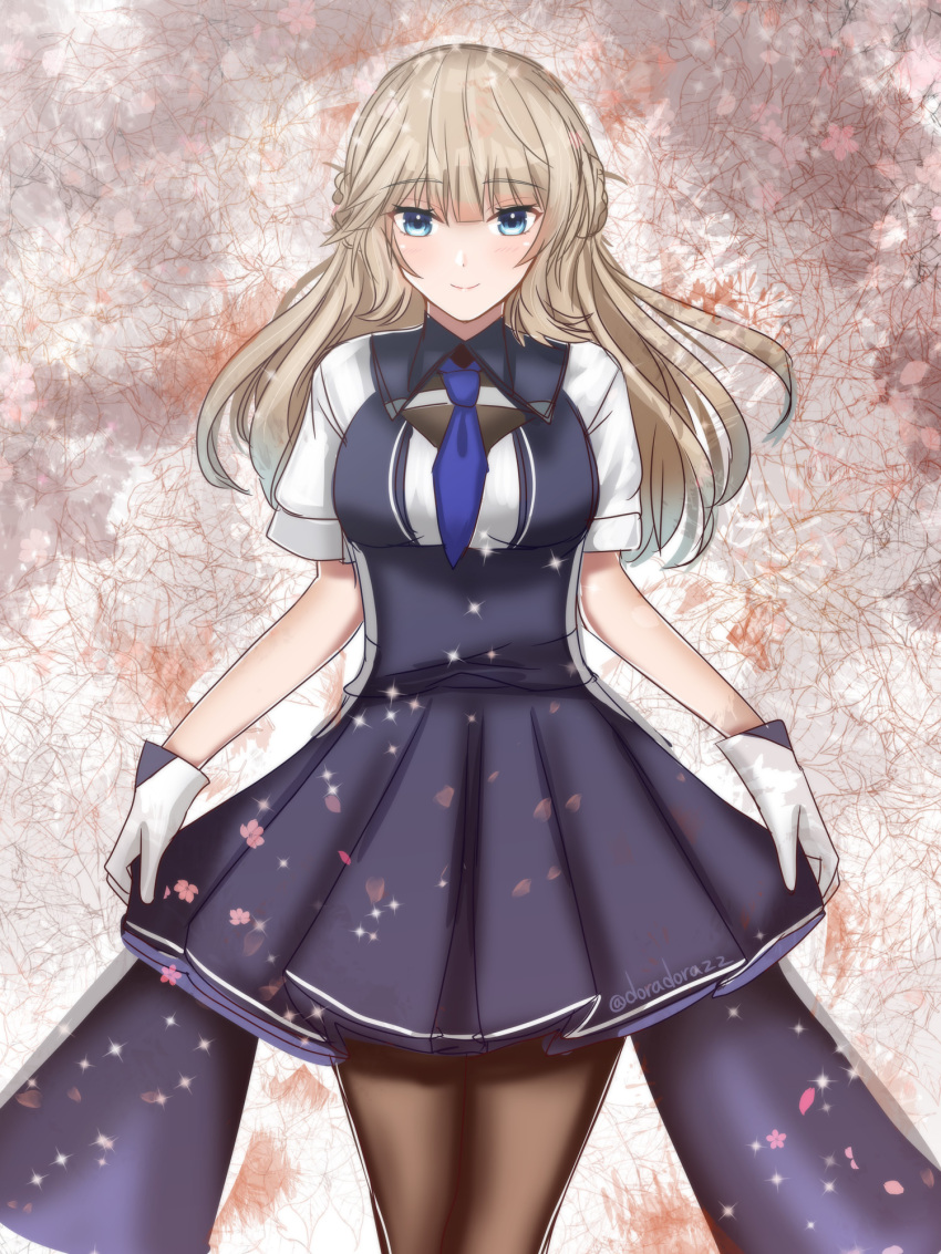 1girl, blonde_hair, blue_dress, blue_eyes, blue_necktie, braid, breasts, brown_thighhighs, collared_dress, double_bun, dress, english_commentary, gloves, hair_bun, highres, kantai_collection, long_hair, medium_breasts, necktie, ranger_(kancolle), roko_roko_(doradorazz), short_sleeves, side_braids, smile, solo, standing, thigh-highs, two-tone_dress, white_dress, white_gloves