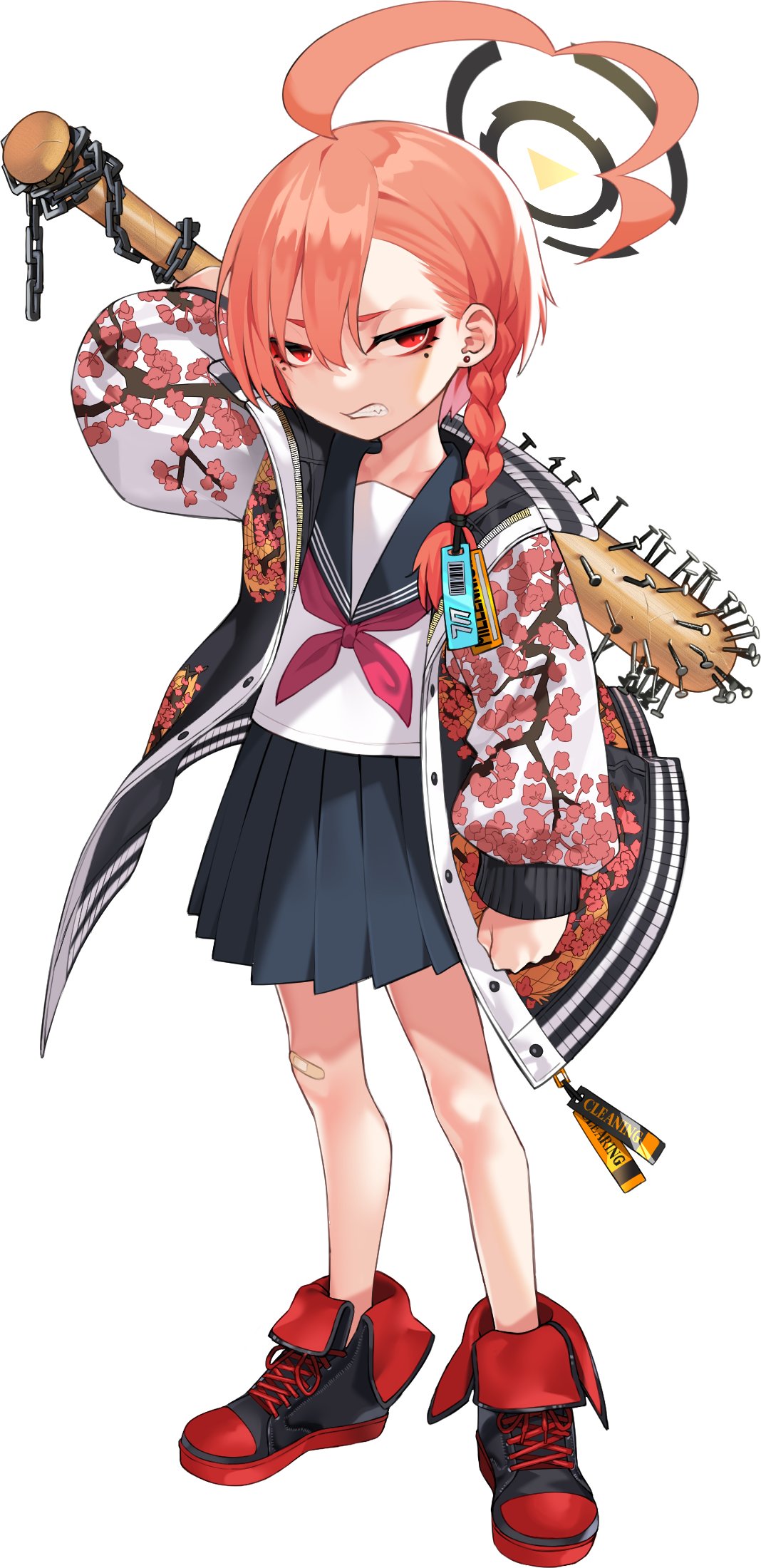 1girl, ahoge, bandaid, bandaid_on_knee, bandaid_on_leg, baseball_bat, blue_archive, braid, chain, club_(weapon), halo, highres, miyamae_(miyazen9311), mole, mole_under_eye, nail, nail_bat, neru_(blue_archive), orange_hair, pleated_skirt, red_eyes, school_uniform, serafuku, skirt, spiked_club, weapon, white_background