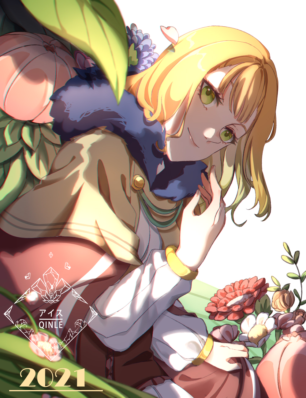 1girl, aisuqinle, black_clover, blue_flower, flower, green_eyes, highres, mimosa_vermillion, orange_hair, petals, pink_flower, plant, red_flower, smile, solo, uniform, white_flower