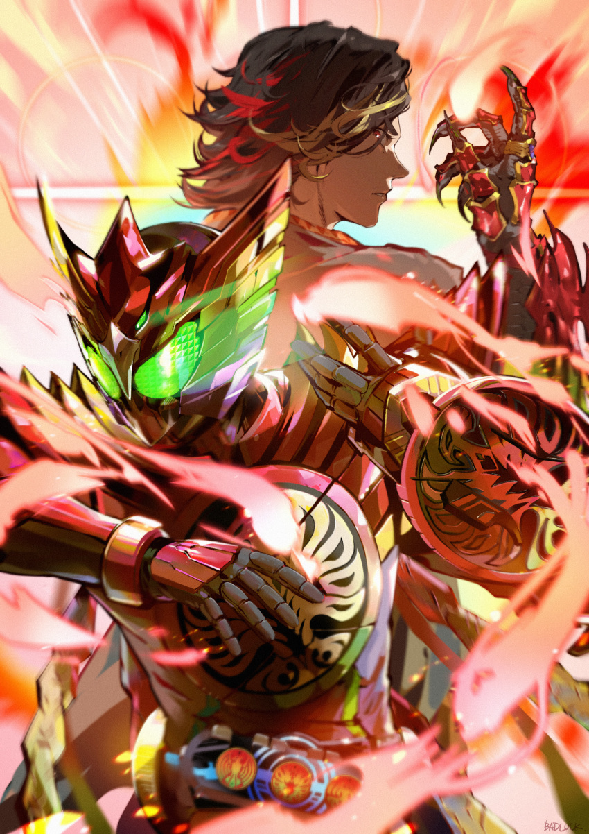 2boys, absurdres, ankh_(ooo), armor, badluck, black_hair, blonde_hair, claws, feathers, full_armor, gauntlets, glowing, glowing_eyes, green_eyes, highres, hino_eiji, kamen_rider, kamen_rider_ooo, kamen_rider_ooo_(series), multiple_boys, multiple_persona, peacock_feathers, possessed, red_eyes, redhead, shield, tajador_(ooo_combo), tajador_eternity_(ooo_combo)