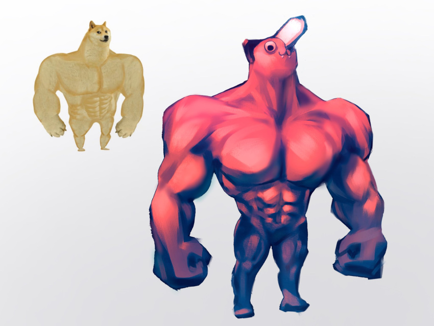 abs, buff_(arms), chainsaw, chainsaw_man, clenched_hand, doge, fangs, highres