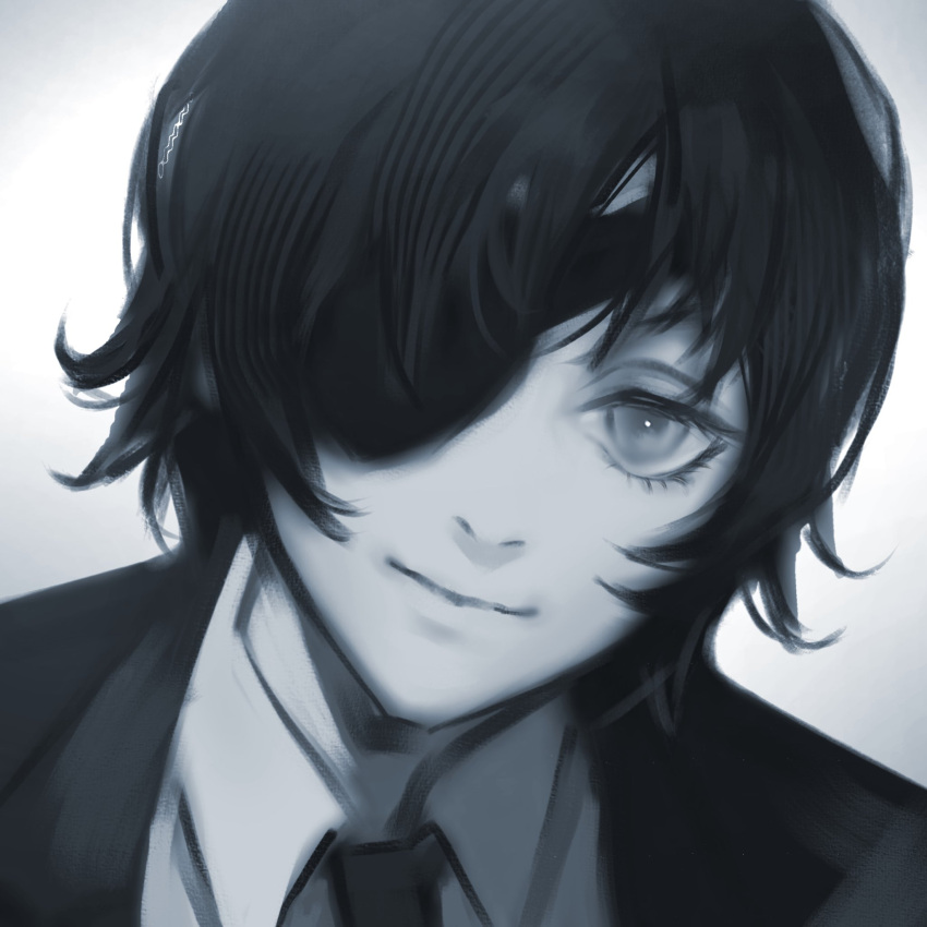 1girl, bangs, black_hair, black_necktie, chainsaw_man, eyepatch, formal, grey_background