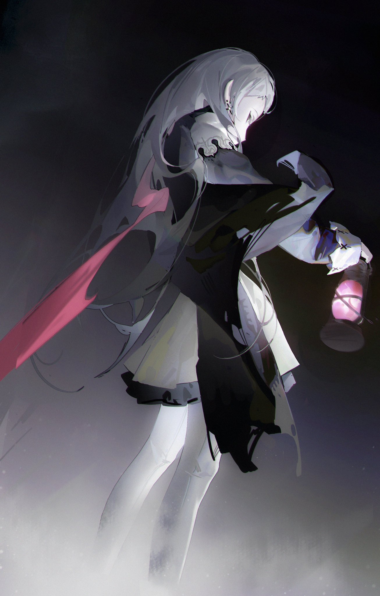 1girl, arknights, black_dress, cape, commentary, dress, earrings, feet_out_of_frame, fog, from_side, grey_hair, highres, holding, holding_lantern, irene_(arknights), jewelry, lantern, long_hair, long_sleeves, lyooo_6, pantyhose, profile, solo, torn_cape, torn_clothes, two-tone_dress, very_long_hair, white_dress, white_pantyhose