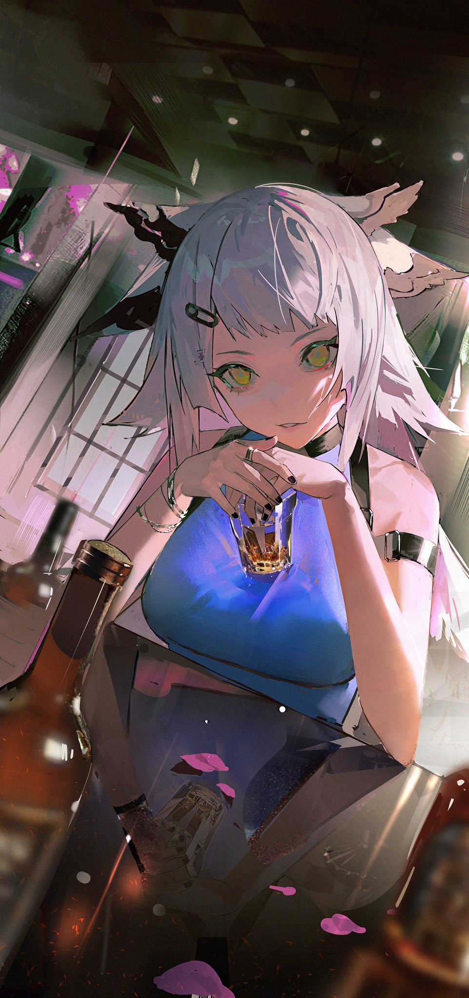 1girl, alcohol, alternate_costume, arknights, arm_strap, bangs, black_nails, blue_shirt, bracelet, commentary, cup, drinking_glass, dutch_angle, feather_hair, glass_bottle, hair_ornament, hairclip, highres, holding, holding_cup, jewelry, long_hair, looking_at_viewer, lyooo_6, nail_polish, own_hands_together, parted_lips, petals, ptilopsis_(arknights), reflection, shirt, sleeveless, sleeveless_shirt, solo, table, white_hair, yellow_eyes