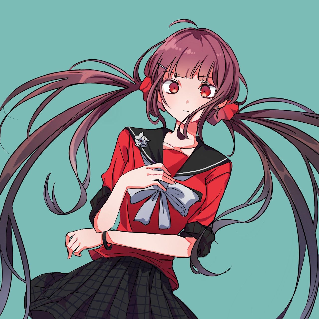 1girl, ahoge, bangs, black_sailor_collar, black_skirt, bow, bowtie, bracelet, brown_hair, closed_mouth, collarbone, cowboy_shot, danganronpa_(series), danganronpa_v3:_killing_harmony, earrings, expressionless, green_background, grey_bow, grey_bowtie, hair_ornament, hair_scrunchie, hairclip, harukawa_maki, highres, jewelry, long_hair, low_twintails, messy_hair, plaid, plaid_skirt, pleated_skirt, red_eyes, red_scrunchie, red_shirt, sailor_collar, scrunchie, shiny, shiny_hair, shirt, simple_background, skirt, solo, twintails, yuno_(ou35i)