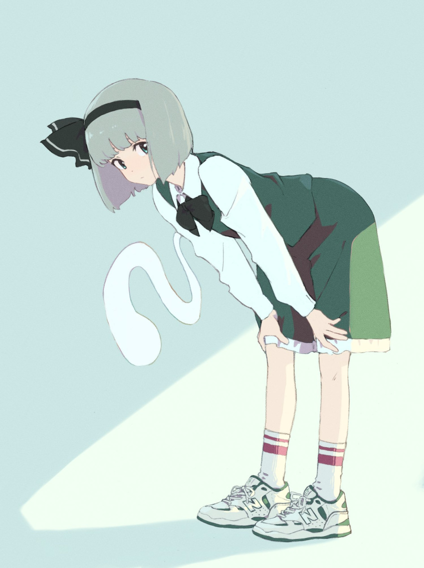 1girl, alternate_footwear, aqua_eyes, bent_over, black_bow, black_bowtie, black_hairband, black_ribbon