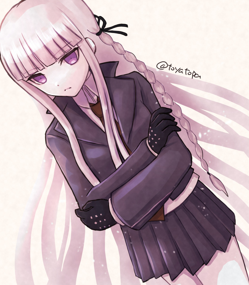 1girl, artist_name, bangs, black_gloves, black_ribbon, black_skirt, blunt_bangs, braid