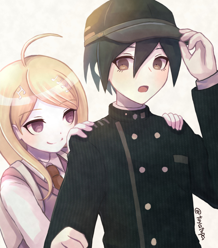 1boy, 1girl, :o, ahoge, akamatsu_kaede, artist_name, backpack, bag