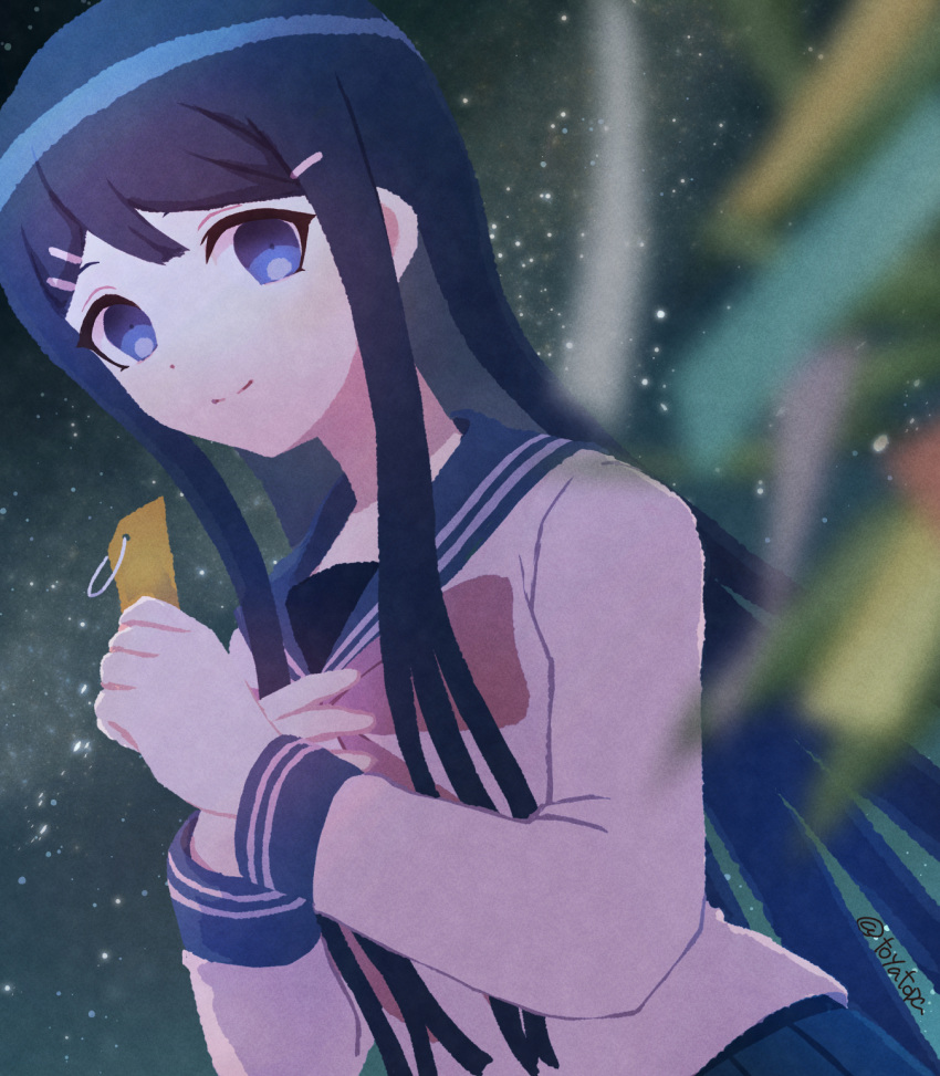 1girl, bangs, blue_eyes, blue_sailor_collar, blue_skirt, bow, bowtie, danganronpa_(series), danganronpa_v3:_killing_harmony, dutch_angle, grey_shirt, hair_ornament, hairclip, highres, holding, long_hair, maizono_sayaka, multicolored_background, pink_bow, pink_bowtie, pleated_skirt, sailor_collar, shiny, shiny_hair, shirt, skirt, smile, solo, starry_background, toyatopa, upper_body