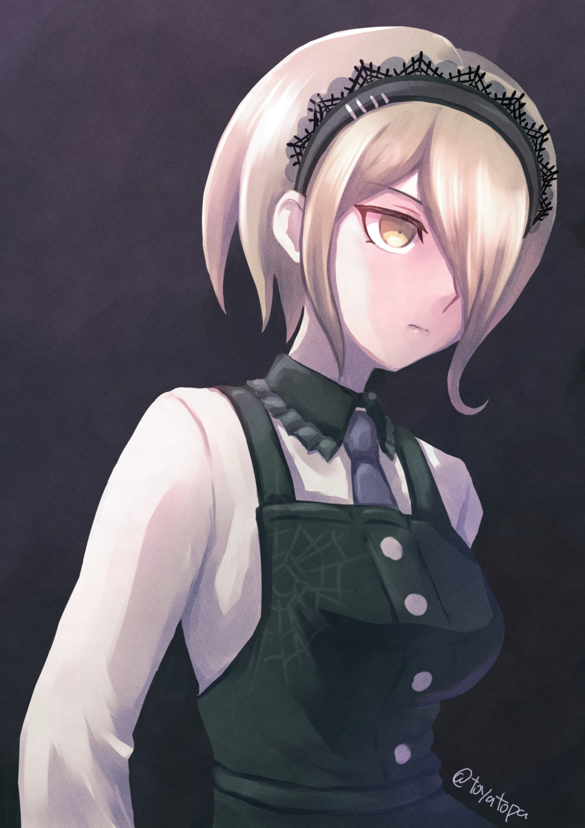 1girl, artist_name, bangs, black_background, black_dress, blonde_hair, breasts, closed_mouth