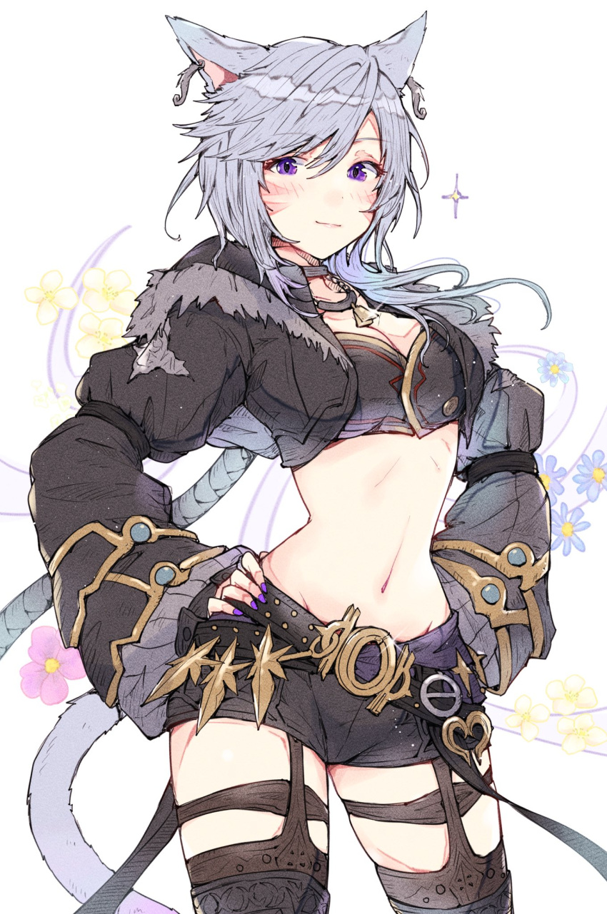 1girl, animal_ears, avatar_(ff14), belt, black_jacket, black_shorts, black_thighhighs, breasts, cat_ears, cat_girl, cropped_jacket, final_fantasy, final_fantasy_xiv, garter_straps, grey_hair, hands_on_hips, highres, jacket, long_hair, medium_breasts, midriff, mokokoiro, navel, short_shorts, shorts, smile, stomach, thigh-highs, very_long_hair, violet_eyes