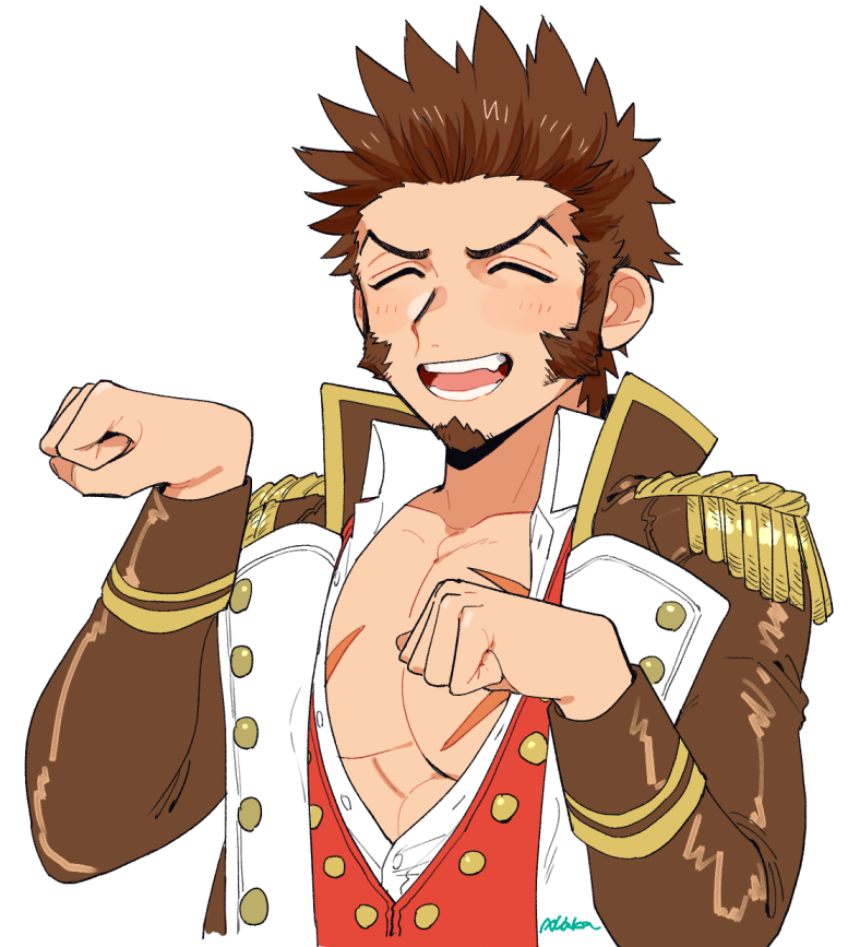 1boy, :d, ^_^, blush, brown_hair, buttons, clenched_hands, closed_eyes
