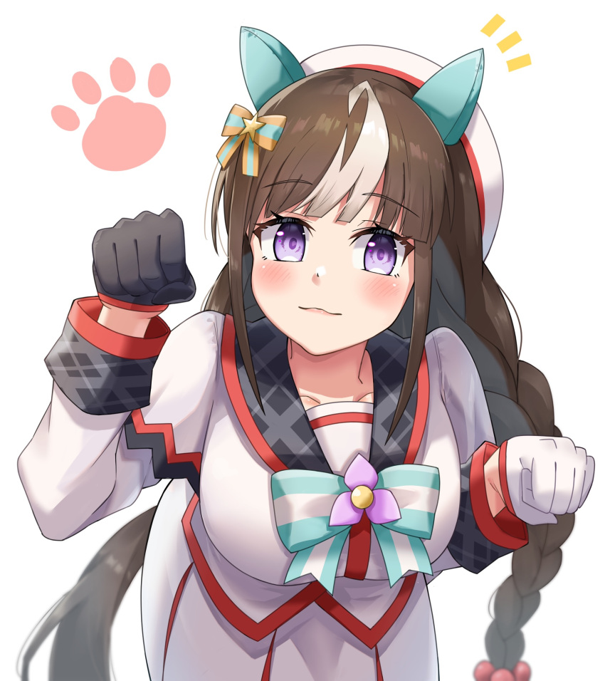 animal_ears, beret, black_hair, blush, braid, breasts, collarbone, commentary_request