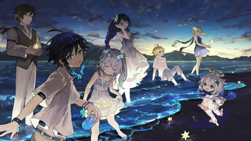 3boys, 4girls, aether_(genshin_impact), ahoge, akaneu, alternate_costume, beach, black_hair