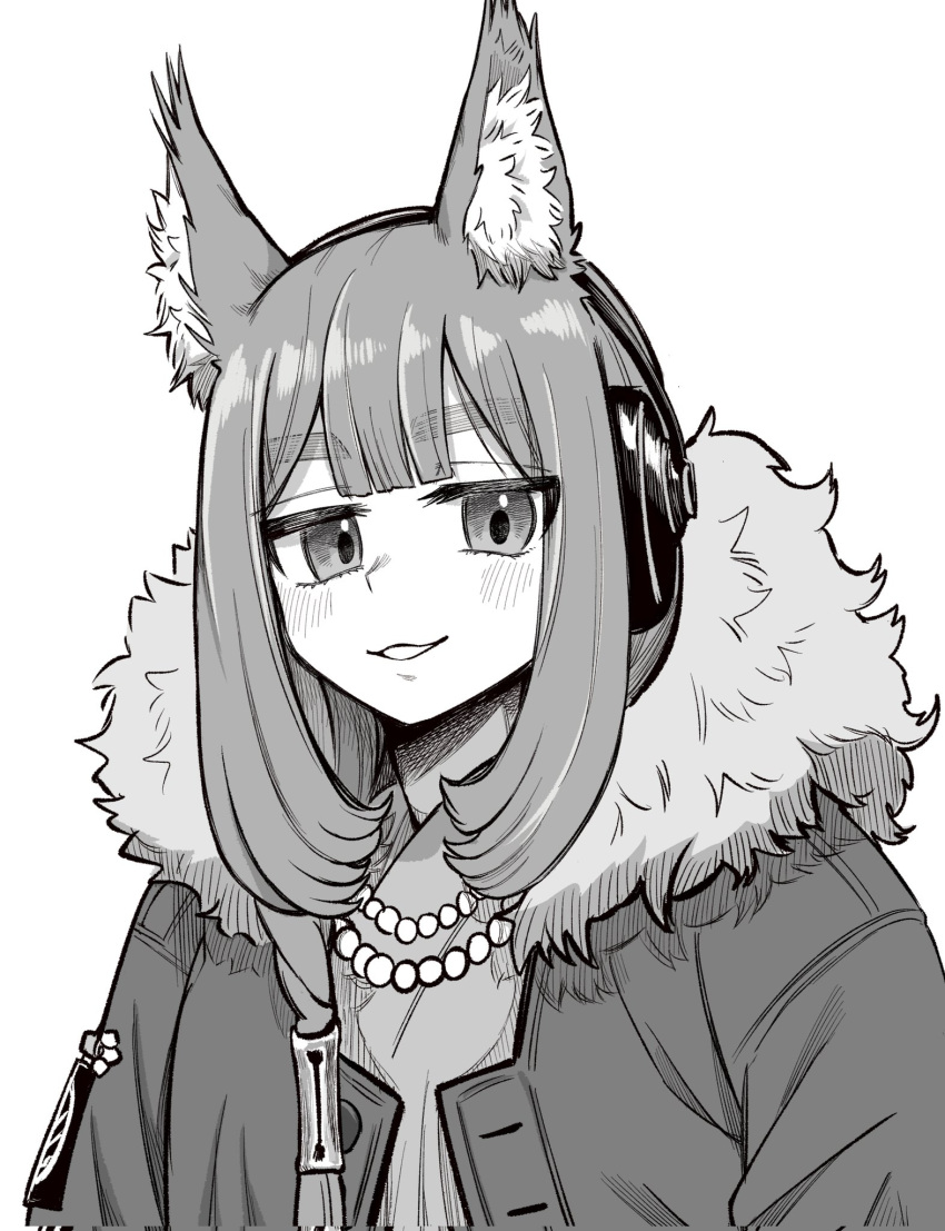 1girl, animal_ear_fluff, animal_ears, arknights, bokiboki333, fur-trimmed_jacket, fur_trim, greyscale, headphones, highres, jacket, jewelry, long_hair, long_sleeves, looking_at_viewer, monochrome, necklace, open_clothes, open_jacket, pearl_necklace, ratatos_browntail_(arknights), shirt, simple_background, solo, squirrel_ears, squirrel_girl, thick_eyebrows, upper_body, white_background