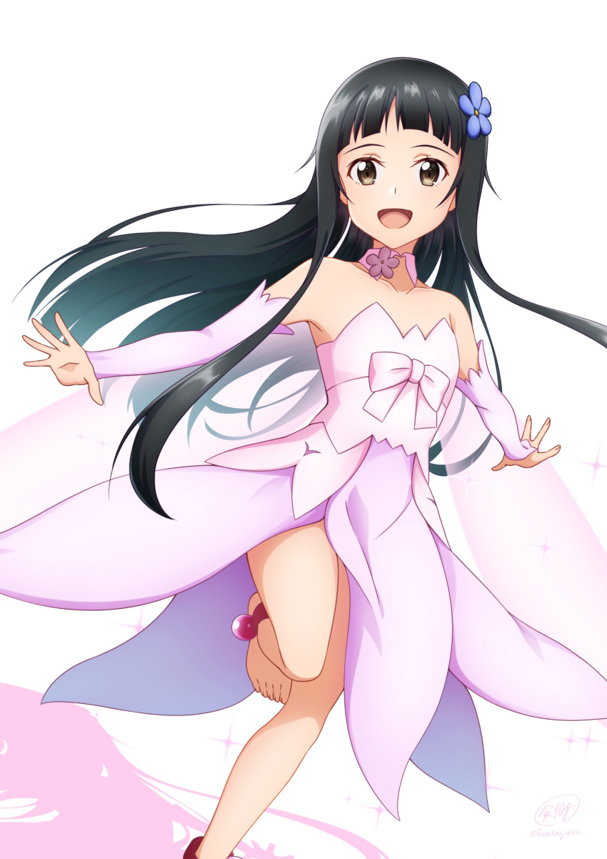 1girl, :d, bare_legs, barefoot, black_hair, blue_eyes, blue_flower, bow, brown_eyes, collarbone, detached_collar, detached_sleeves, dress, floating_hair, flower, hair_flower, hair_ornament, highres, ken-ji, leg_up, long_hair, long_sleeves, looking_at_viewer, open_mouth, outstretched_arms, outstretched_hand, pink_bow, pink_dress, pink_sleeves, shiny, shiny_hair, simple_background, smile, solo, strapless, strapless_dress, sword_art_online, very_long_hair, white_background, yui_(sao-alo)