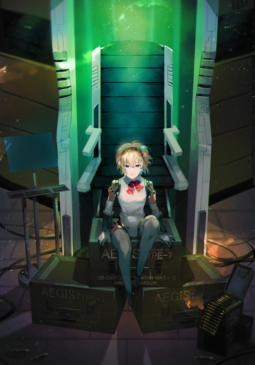 1girl, absurdres, aegis_(persona), android, black_hairband, blonde_hair, blue_eyes, bow