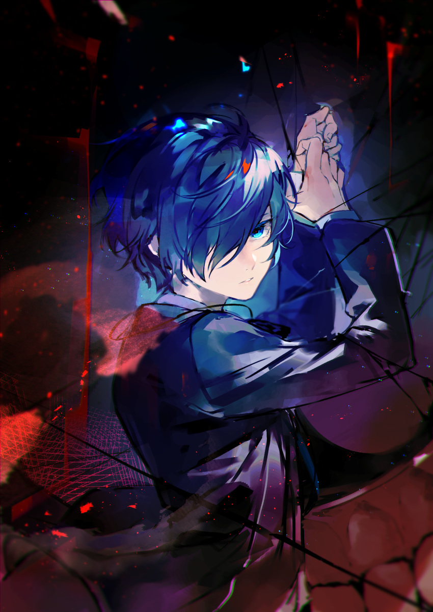 1boy, bishounen, black_jacket, black_ribbon, blue_eyes, blue_hair, closed_mouth, gekkoukan_high_school_uniform