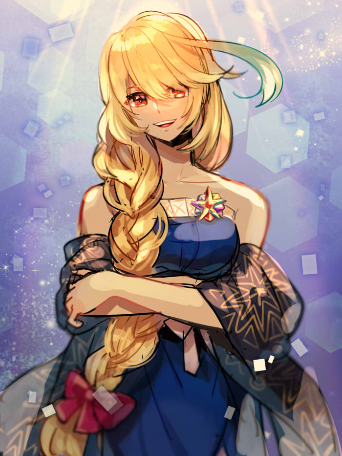 1girl, :d, bangs, blonde_hair, blue_dress, bow, braid, braided_ponytail, collarbone, crossed_arms, dress, hair_between_eyes, hair_bow, hair_over_shoulder, jodesu, long_hair, looking_at_viewer, milla_maxwell, open_mouth, purple_background, red_bow, red_eyes, shiny, shiny_hair, smile, solo, standing, strapless, strapless_dress, tales_of_(series), tales_of_xillia, very_long_hair