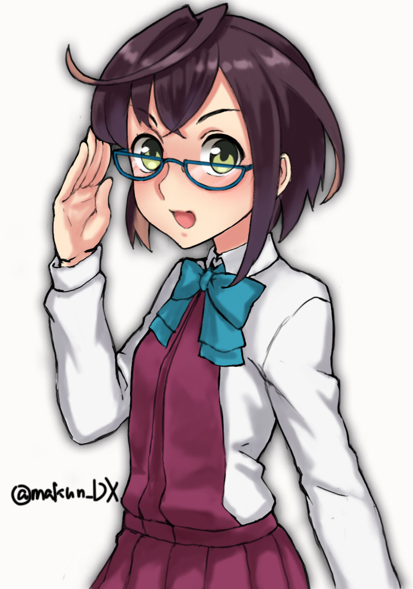 1girl, aqua_bow, aqua_bowtie, black_hair, blue-framed_eyewear, bow, bowtie, collared_shirt