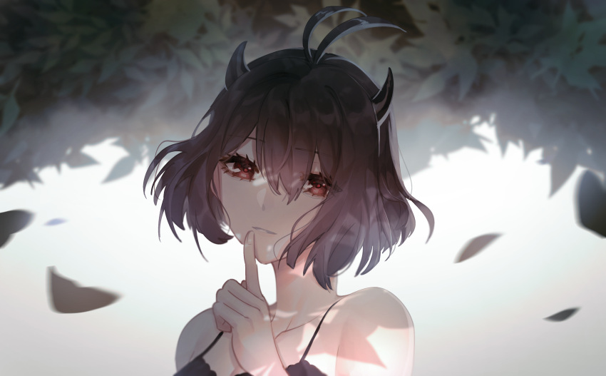 1girl, absurdres, althea_jade, antenna_hair, black_clover, black_dress, black_hair, demon_horns