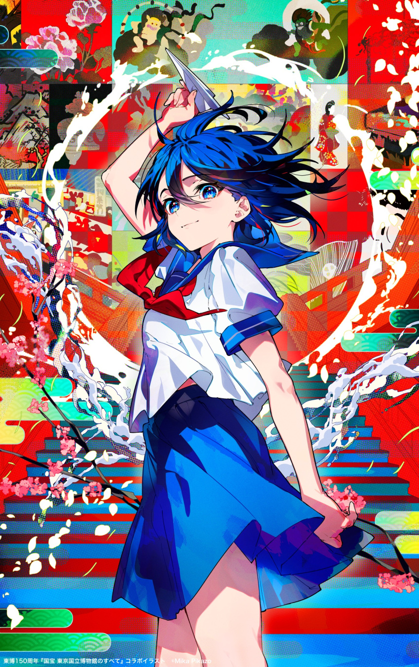 1girl, arm_up, bangs, blue_eyes, blue_hair, blue_sailor_collar, blue_skirt, closed_mouth, commentary_request, from_side, highres, holding, holding_paper_airplane, mika_pikazo, neckerchief, original, paper_airplane, red_neckerchief, sailor_collar, school_uniform, serafuku, short_hair, short_sleeves, skirt, smile, solo, translation_request