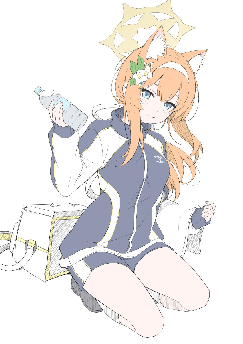 1girl, absurdres, animal_ear_fluff, animal_ears, bag, blue_archive, blue_eyes, bottle