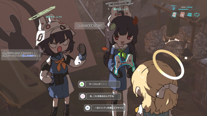 3d_background, amonitto, animal_ears, black_gloves, black_hair, blonde_hair, blue_archive, blue_sailor_collar