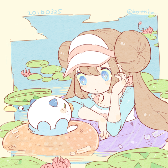 1girl, 2016, blue_eyes, brown_hair, dated, double_bun, flower, hair_between_eyes