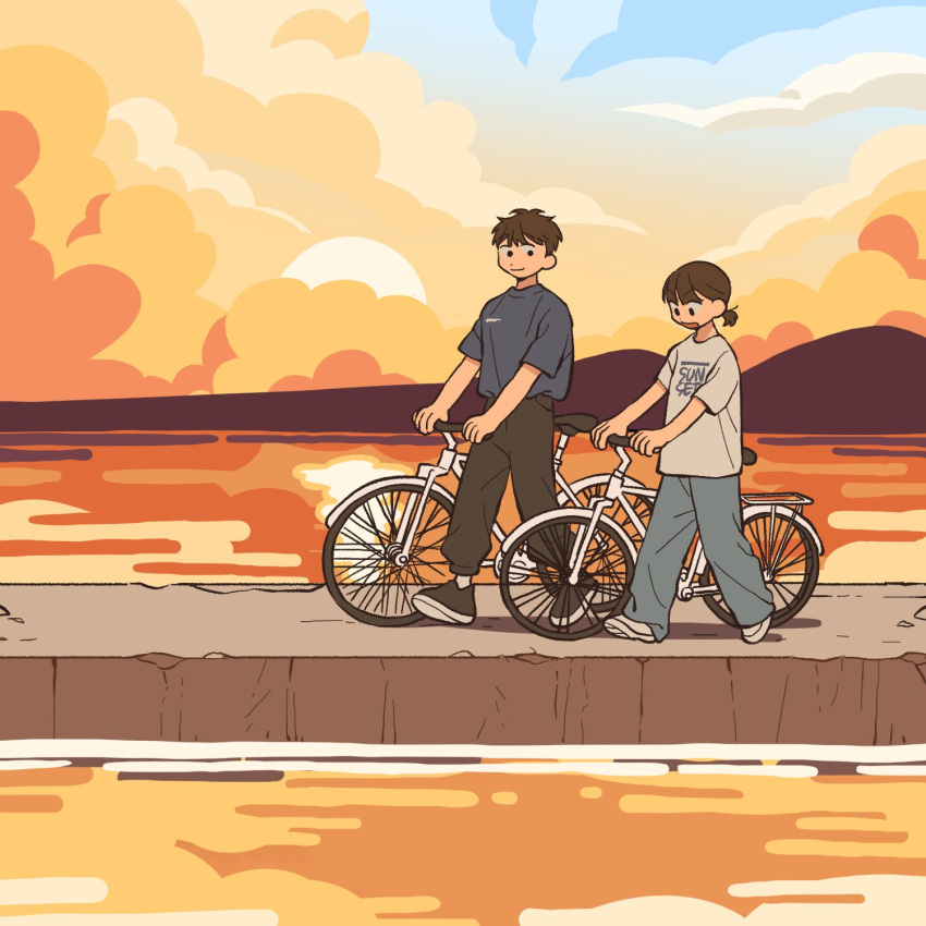1boy, 1girl, bicycle, black_eyes, black_footwear, black_pants, blue_pants, blue_shirt, brown_hair, closed_mouth, clouds, cloudy_sky, dated_commentary, ground_vehicle, highres, looking_at_another, mannerer62, open_mouth, original, outdoors, pants, ponytail, shirt, shoes, short_hair, short_ponytail, short_sleeves, sky, smile, standing, sunset, walking, water, white_footwear, white_shirt