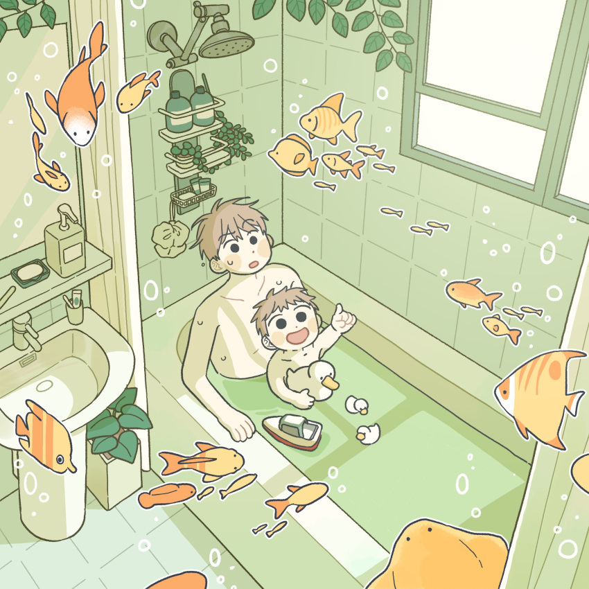 2boys, animal, bar_soap, bath, bathroom, bathtub, black_eyes, brown_hair