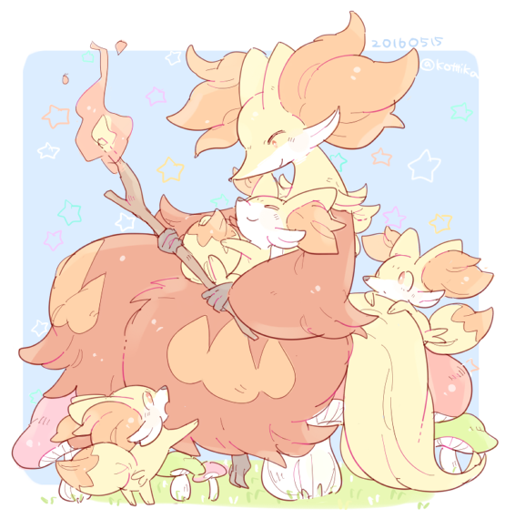 2016, animal_ear_fluff, branch, closed_eyes, closed_mouth, dated, delphox, fennekin, fire, furry, grass, holding, holding_branch, katiko, multicolored_fur, mushroom, open_mouth, orange_eyes, orange_fur, pokemon, pokemon_(creature), red_fur, sitting, smile, star_(symbol), twitter_username, yellow_fur, yellow_tail