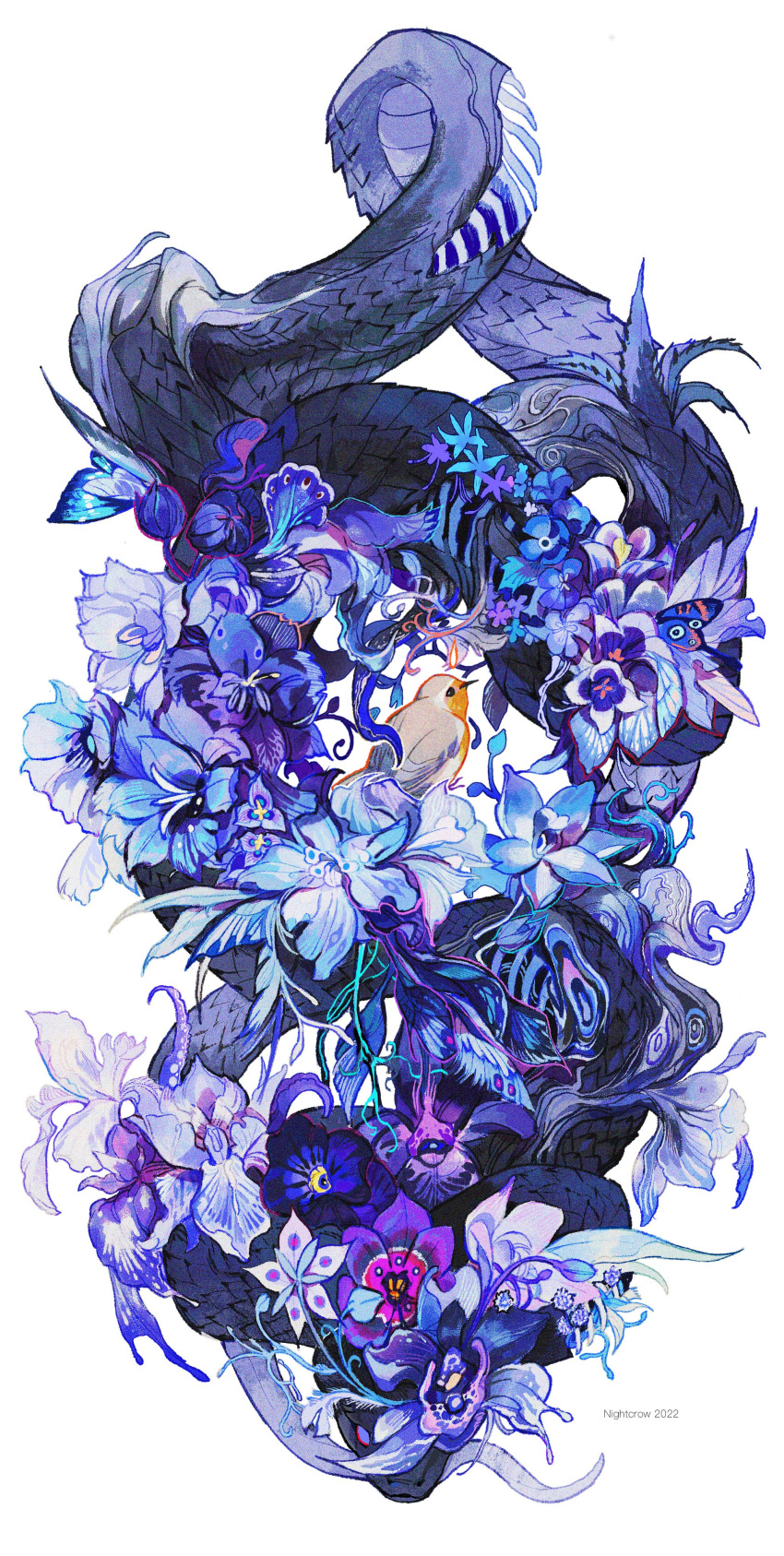 absurdres, animal_focus, artist_name, bird, blue_butterfly, blue_flower, bug, butterfly