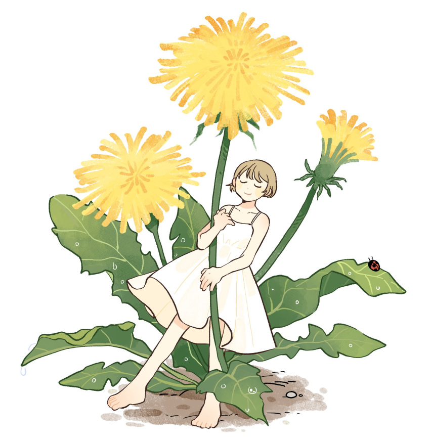 1girl, bare_arms, bare_shoulders, barefoot, blonde_hair, bug, closed_eyes, closed_mouth