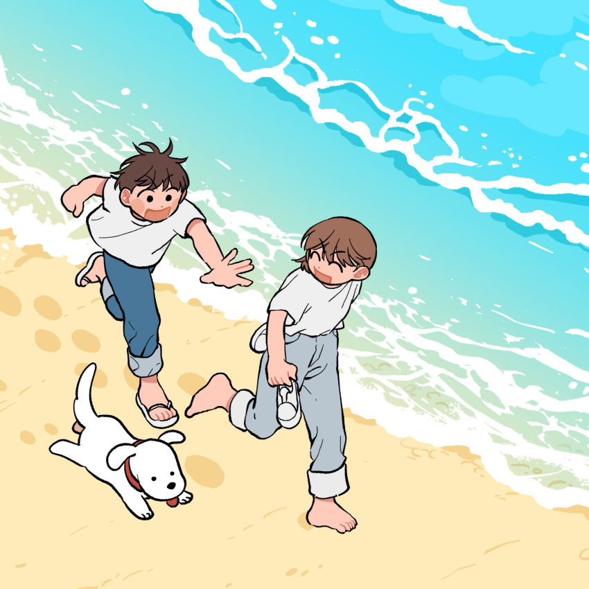 1boy, 1girl, animal, barefoot, beach, black_eyes, blue_pants, blush, brown_hair, closed_eyes, day, denim, dog, flip-flops, highres, holding, holding_clothes, holding_footwear, holding_shoes, jeans, looking_at_another, mannerer62, open_mouth, original, outdoors, outstretched_arm, pants, sandals, shirt, shoes, short_hair, short_sleeves, smile, water, waves, white_dog, white_footwear, white_shirt