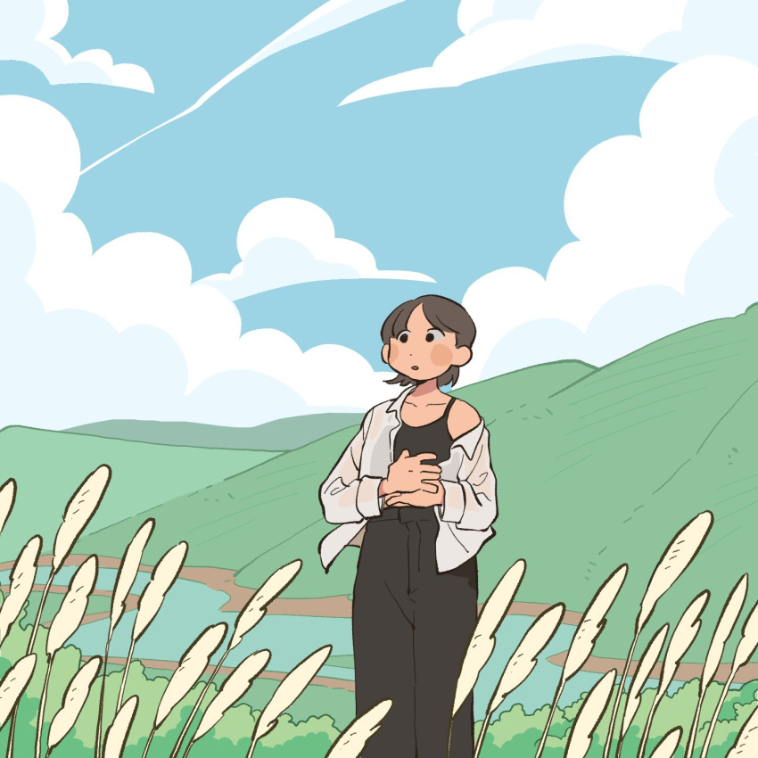 1girl, black_eyes, black_pants, black_tank_top, blue_sky, blush, brown_hair, clouds
