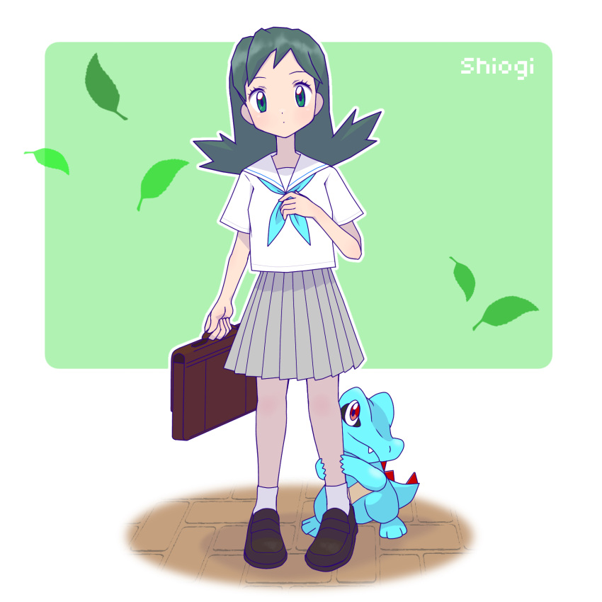 1girl, alternate_costume, alternate_hairstyle, aqua_eyes, aqua_hair, bangs, blue_ribbon, briefcase